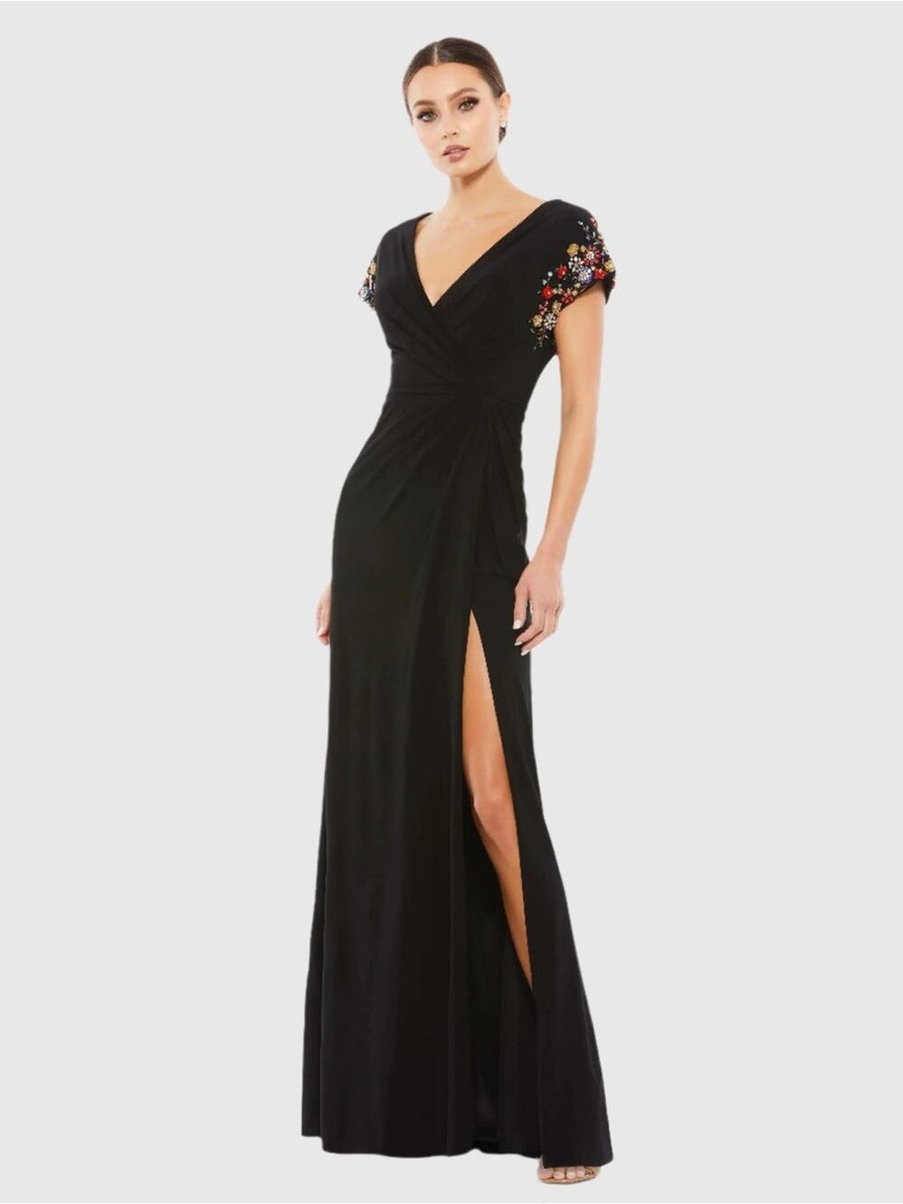 Mac Duggal Black Embellished Sleeve Jersey Wrap Gown 12